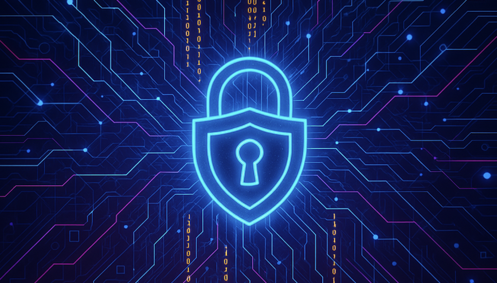Futuristic digital illustration of a network with streams of glowing code and a security lock, representing protection against adversarial prompts.