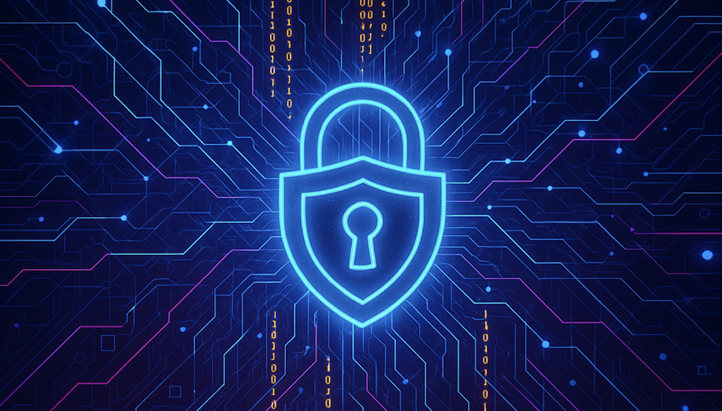 Futuristic digital illustration of a network with streams of glowing code and a security lock, representing protection against adversarial prompts.