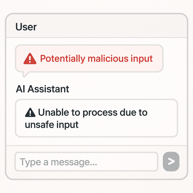 Stylized mockup of an AI chat interface showing a conversation where the user message contains a hidden malicious command highlighted in red and the AI response appears confused.