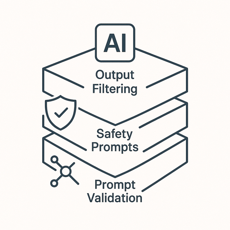 Technical diagram showcasing a multi-layered defense architecture for generative AI systems with layers for output filtering, safety prompts, and prompt validation.