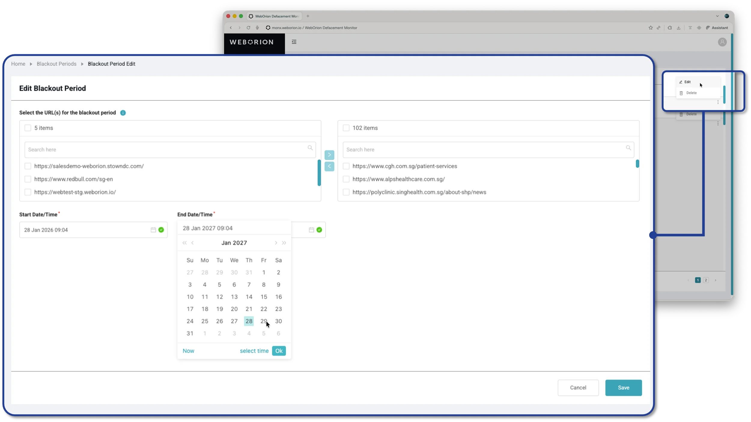 Managing and editing blackout periods in WebOrion Monitor